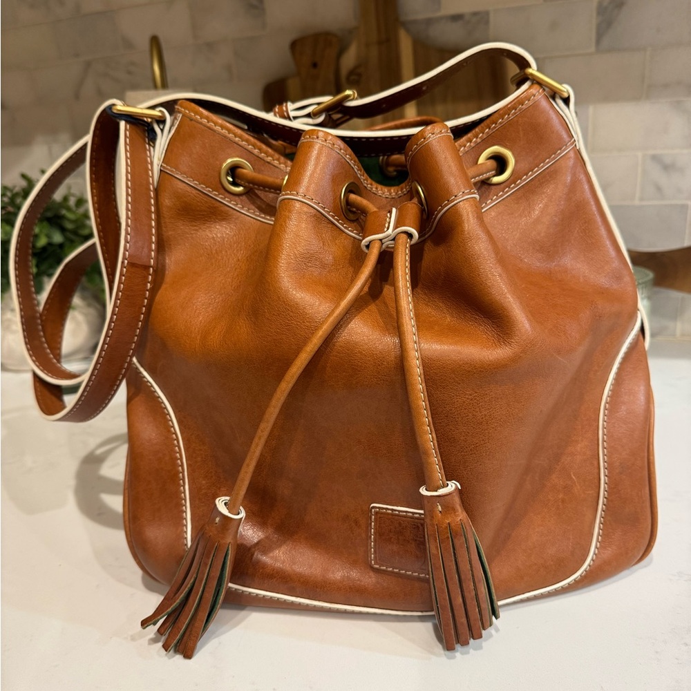 Dooney & Bourke Tan Leather Drawstring Bucket Bag with Tassels - Picture 3 of 6